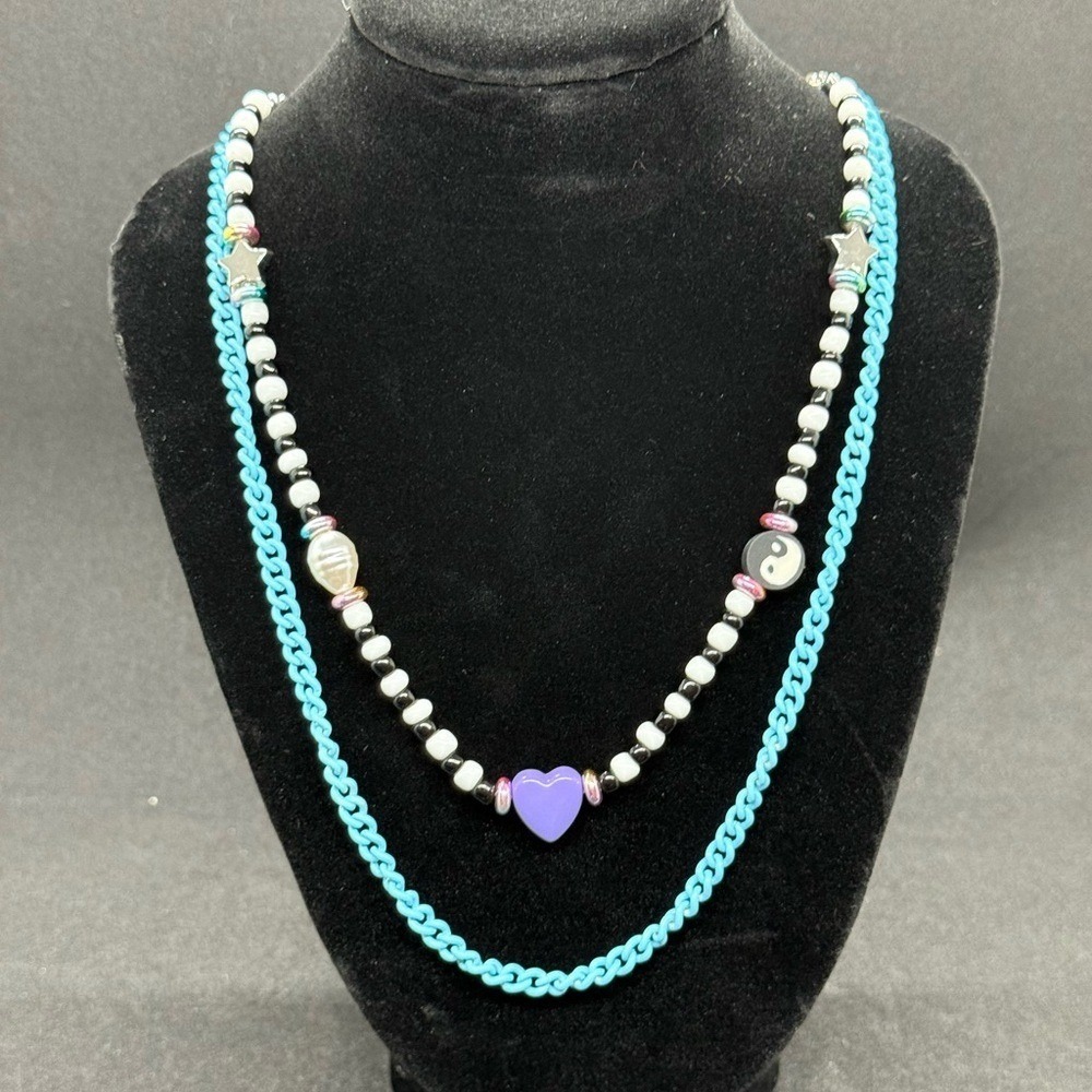 Ivory Ella Layered Beaded Necklace Heart Yin Yang Star Turquoise Blue Purple NEW - Picture 3 of 6